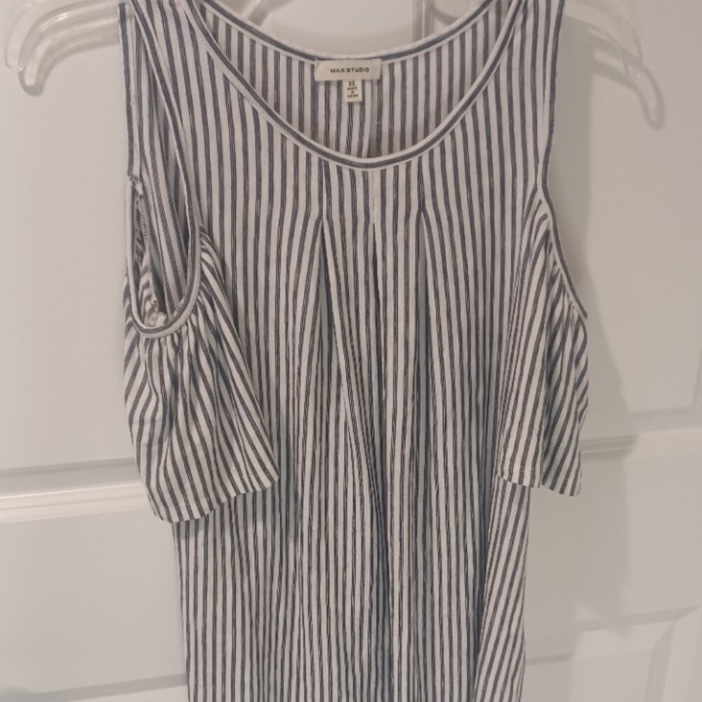 Max Studio Cold Shoulder Pleated Crew Neck Line Striped Blue/White Cute Top XS